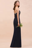 Sweetheart Floral Mermaid Bridesmaid Dress Sleeveless Navy Formal Party Dress-misshow.com