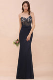 Sweetheart Floral Mermaid Bridesmaid Dress Sleeveless Navy Formal Party Dress-misshow.com