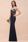 Sweetheart Floral Mermaid Bridesmaid Dress Sleeveless Navy Formal Party Dress-misshow.com