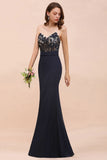 Sweetheart Floral Mermaid Bridesmaid Dress Sleeveless Navy Formal Party Dress-misshow.com