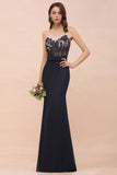 Sweetheart Floral Mermaid Bridesmaid Dress Sleeveless Navy Formal Party Dress