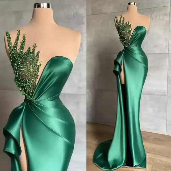 Sweetheart Green Long Mermaid Shiny Sleeveless Prom Dress With Beads-misshow.com