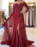 Sweetheart Lace-Appliques Front-Split Newest Long-Sleeve Mermaid Prom Dress-misshow.com