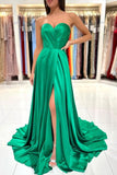Sweetheart Long Green A-line Sleeveless Evening Dress With Side Slit-misshow.com