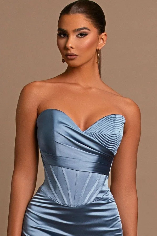Sweetheart Long Mermaid Dusty Blue Satin Prom Dress-misshow.com