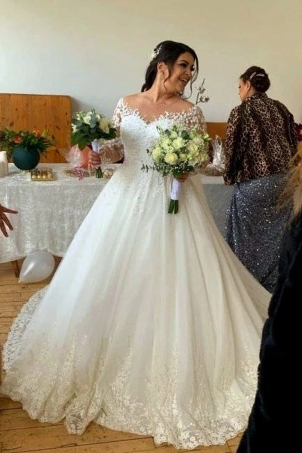 Sweetheart Long-Sleeve A-Line Tulle Wedding Dresses with Lace-misshow.com