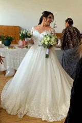 Sweetheart Long-Sleeve A-Line Tulle Wedding Dresses with Lace-misshow.com