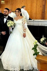 Sweetheart Long-Sleeve A-Line Tulle Wedding Dresses with Lace-misshow.com