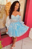 Sweetheart Long Sleeve Sequined Homecoming Dress With Lace-misshow.com