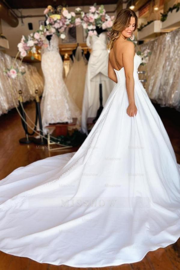 Sweetheart Long White Strapless A-line Satin Wedding Dress with Pockets Sweetheart Long White Strapless A-line Satin Wedding Dress with Pockets