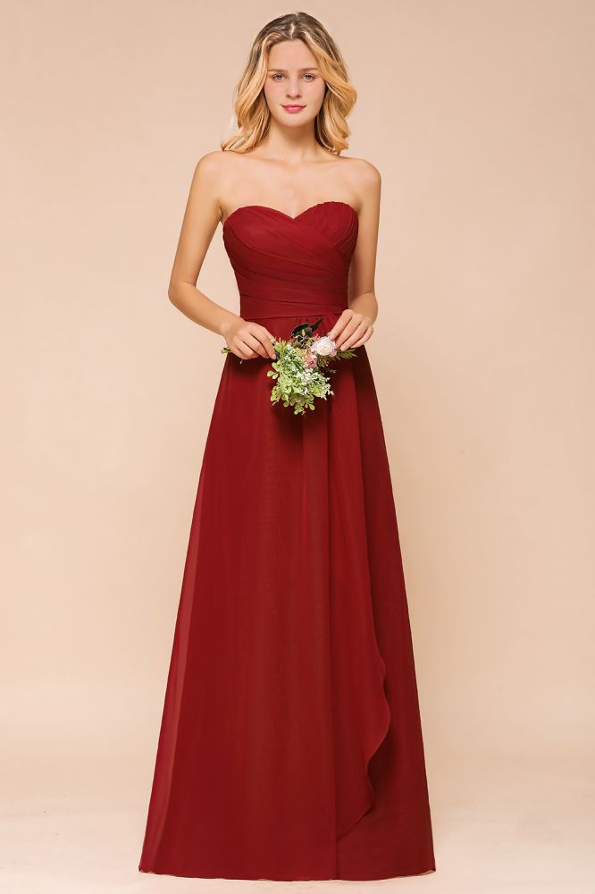 Sweetheart Red Bridesmaid Dress Chiffon Floor-Length Wedding Guest Dress backless-misshow.com