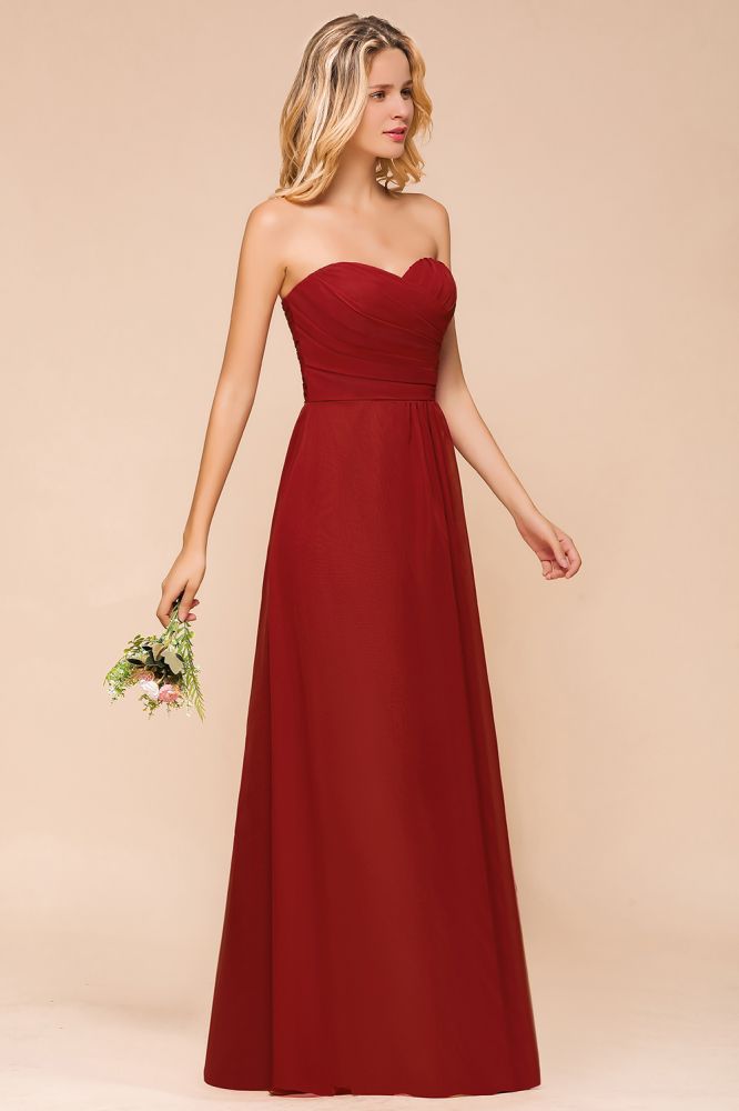 Sweetheart Red Bridesmaid Dress Chiffon Floor-Length Wedding Guest Dress backless-misshow.com