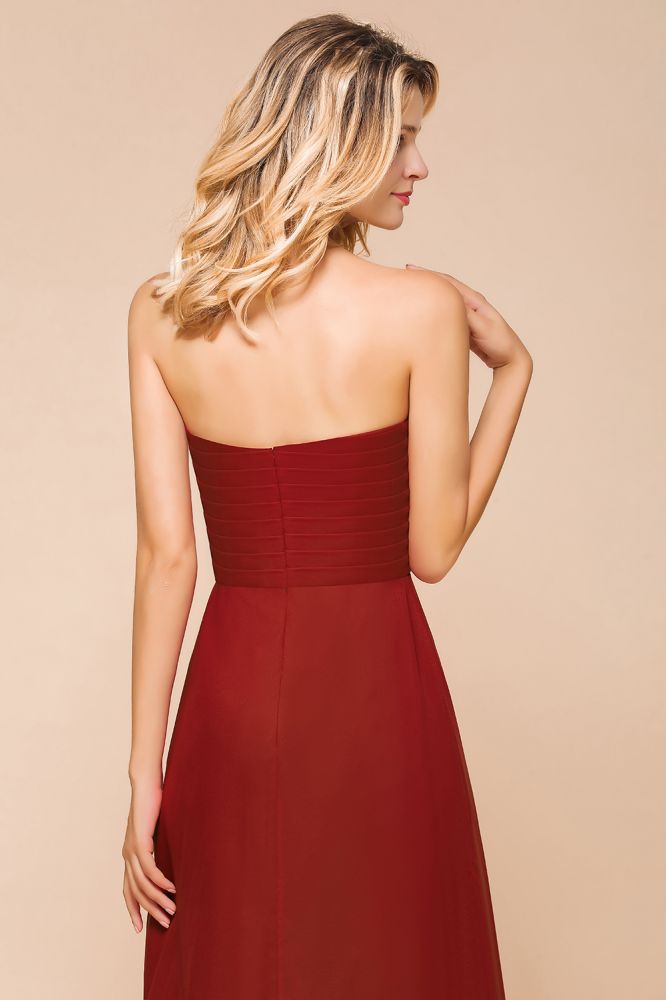 Sweetheart Red Bridesmaid Dress Chiffon Floor-Length Wedding Guest Dress backless-misshow.com
