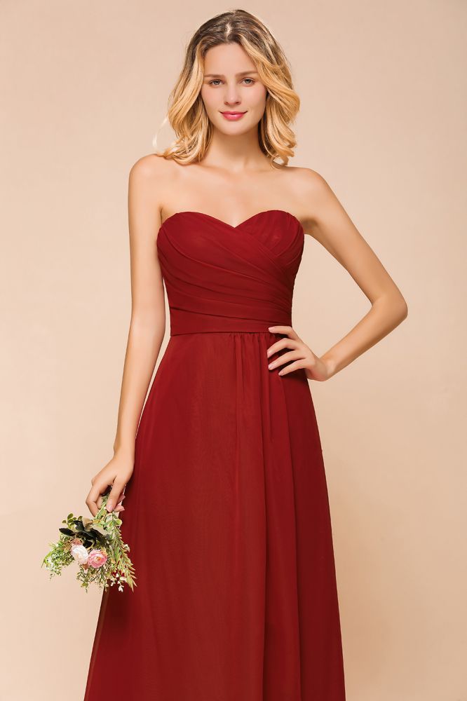 Sweetheart Red Bridesmaid Dress Chiffon Floor-Length Wedding Guest Dress backless-misshow.com