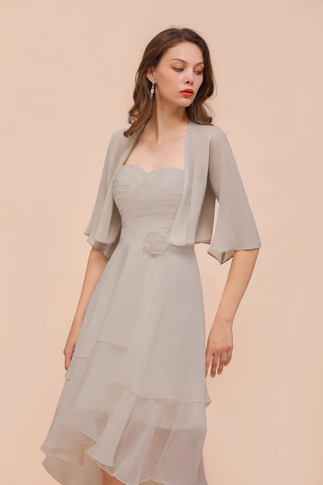 Sweetheart Sleeveless Mini Grey Bridesmaid Dress with Chiffon Wraps-misshow.com