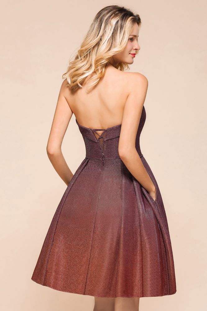 Looking for Prom Dresses,Evening Dresses in Bronzing, A-line style, and Gorgeous Pockets, work  MISSHOW has all covered on this elegant Sweetheart Sleevless Mini Homecoming Dress Bright Silk Knee Length Prom Dress.