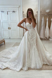 Sweetheart Spaghetti Straps Mermaid Sleeveless Lace Wedding Dress With Detachable Train