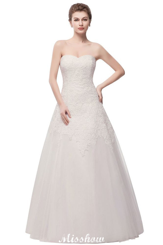 This beautiful Sweetheart Strapless A-line Long Lace Tulle Wedding Dresses will make your guests say wow. The Strapless,Sweetheart bodice is thoughtfully lined, and the Floor-length skirt with Lace to provide the airy, flatter look of Tulle,Lace.
