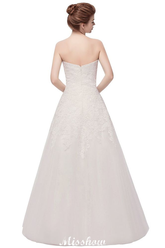 This beautiful Sweetheart Strapless A-line Long Lace Tulle Wedding Dresses will make your guests say wow. The Strapless,Sweetheart bodice is thoughtfully lined, and the Floor-length skirt with Lace to provide the airy, flatter look of Tulle,Lace.