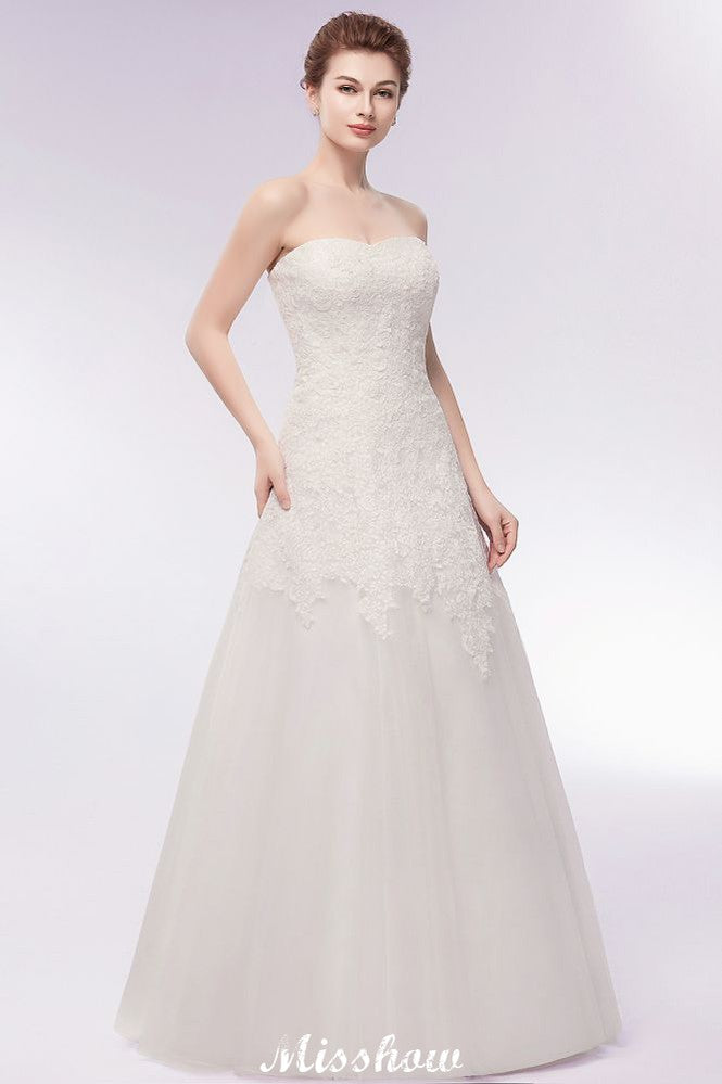 This beautiful Sweetheart Strapless A-line Long Lace Tulle Wedding Dresses will make your guests say wow. The Strapless,Sweetheart bodice is thoughtfully lined, and the Floor-length skirt with Lace to provide the airy, flatter look of Tulle,Lace.