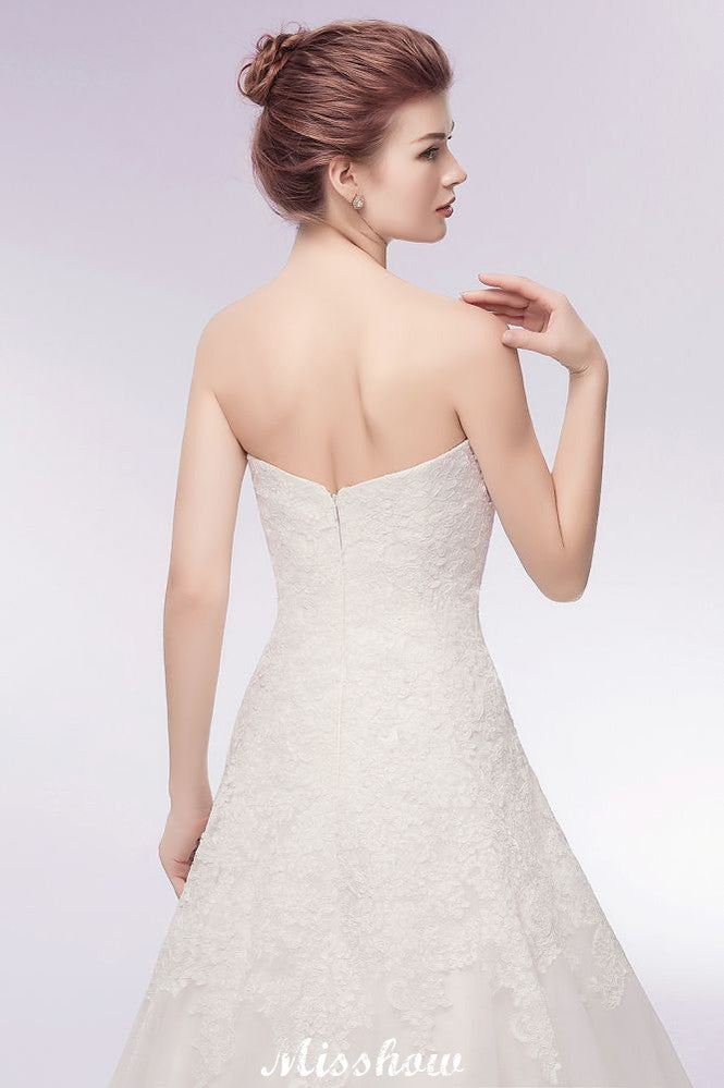 This beautiful Sweetheart Strapless A-line Long Lace Tulle Wedding Dresses will make your guests say wow. The Strapless,Sweetheart bodice is thoughtfully lined, and the Floor-length skirt with Lace to provide the airy, flatter look of Tulle,Lace.