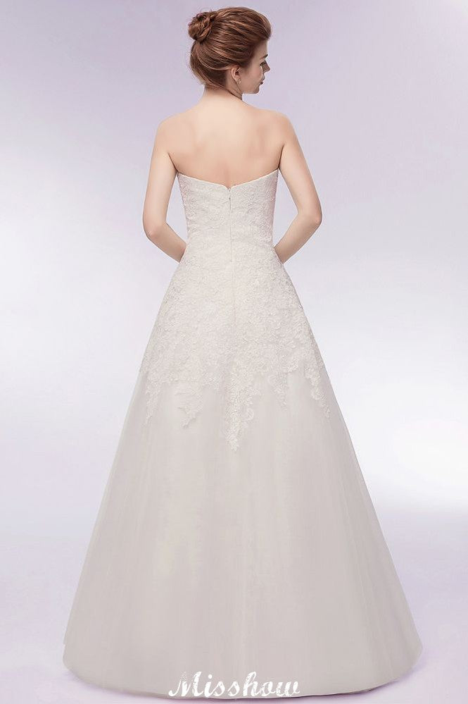This beautiful Sweetheart Strapless A-line Long Lace Tulle Wedding Dresses will make your guests say wow. The Strapless,Sweetheart bodice is thoughtfully lined, and the Floor-length skirt with Lace to provide the airy, flatter look of Tulle,Lace.