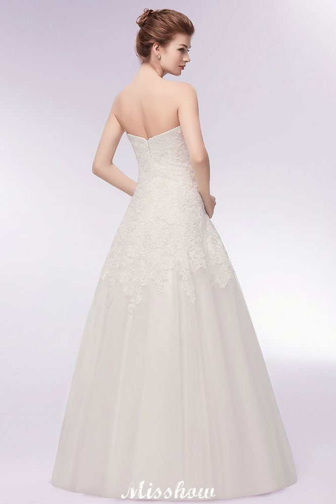 This beautiful Sweetheart Strapless A-line Long Lace Tulle Wedding Dresses will make your guests say wow. The Strapless,Sweetheart bodice is thoughtfully lined, and the Floor-length skirt with Lace to provide the airy, flatter look of Tulle,Lace.