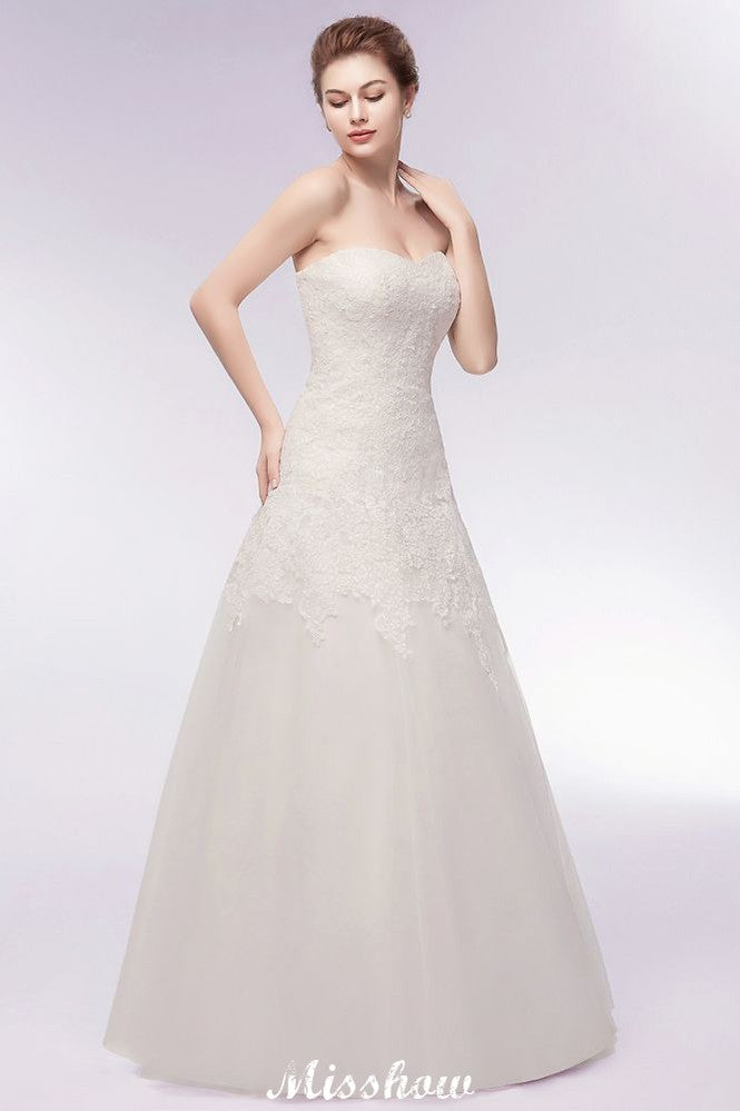 This beautiful Sweetheart Strapless A-line Long Lace Tulle Wedding Dresses will make your guests say wow. The Strapless,Sweetheart bodice is thoughtfully lined, and the Floor-length skirt with Lace to provide the airy, flatter look of Tulle,Lace.
