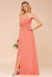 Sweetheart Strapless Ruffle Bridesmaid Dress Chiffon Long Maid of Honor Dress-misshow.com