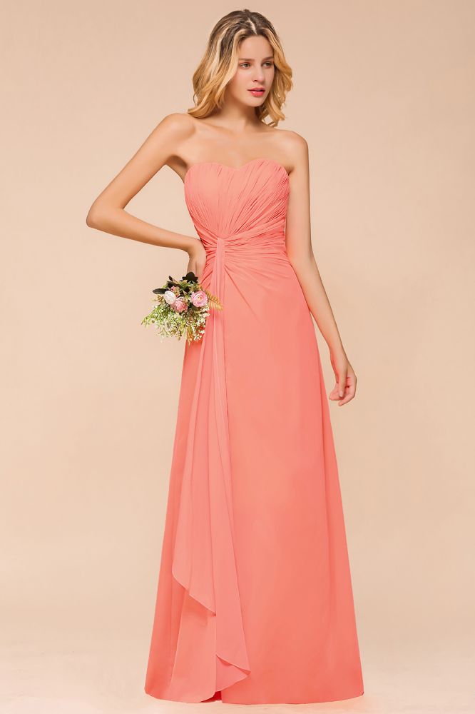 Sweetheart Strapless Ruffle Bridesmaid Dress Chiffon Long Maid of Honor Dress-misshow.com