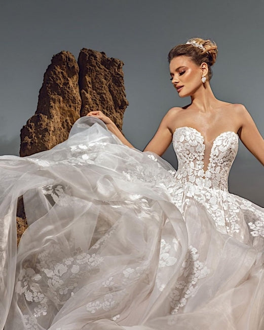 Sweetheart Tulle Floral Wedding Dress Sleeveless Aline Bridal Dress-misshow.com