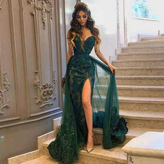 Sweetheart Tulle Side-Split Lace Appliques Mermaid Prom Evening Dresses With Detachable Skirt-misshow.com