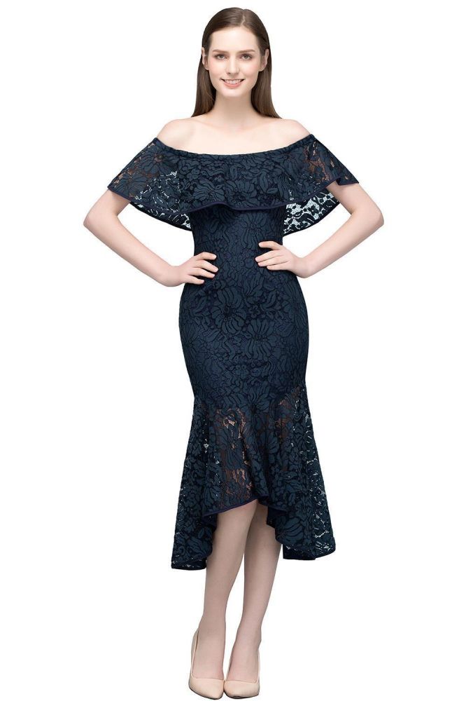 MISSHOW offers Tea Length Black Mermaid Off-shoulder Lace Prom Dresses at a cheap price from Dark Navy, Lace to Mermaid Mini hem. Stunning yet affordable Cap Sleeves Prom Dresses,Homecoming Dresses.