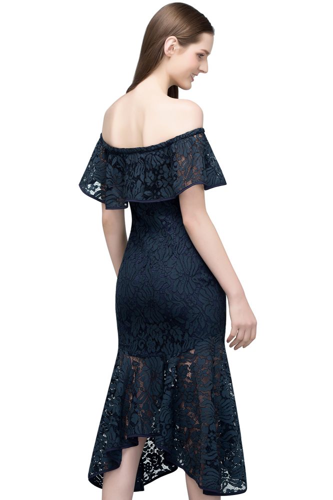 MISSHOW offers Tea Length Black Mermaid Off-shoulder Lace Prom Dresses at a cheap price from Dark Navy, Lace to Mermaid Mini hem. Stunning yet affordable Cap Sleeves Prom Dresses,Homecoming Dresses.