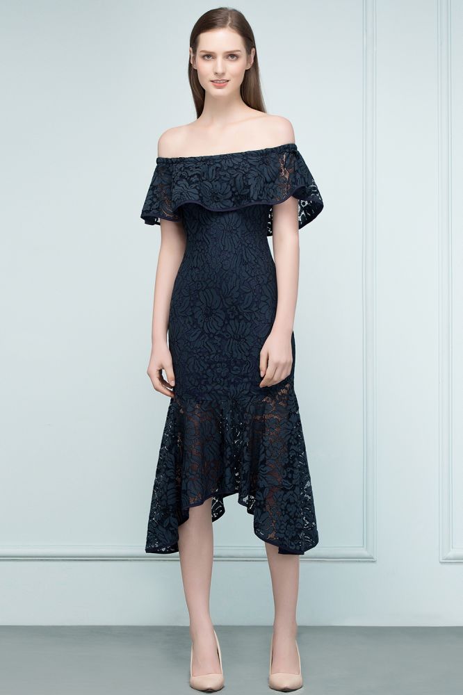 MISSHOW offers Tea Length Black Mermaid Off-shoulder Lace Prom Dresses at a cheap price from Dark Navy, Lace to Mermaid Mini hem. Stunning yet affordable Cap Sleeves Prom Dresses,Homecoming Dresses.