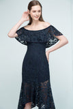 MISSHOW offers Tea Length Black Mermaid Off-shoulder Lace Prom Dresses at a cheap price from Dark Navy, Lace to Mermaid Mini hem. Stunning yet affordable Cap Sleeves Prom Dresses,Homecoming Dresses.