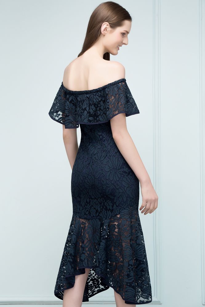 MISSHOW offers Tea Length Black Mermaid Off-shoulder Lace Prom Dresses at a cheap price from Dark Navy, Lace to Mermaid Mini hem. Stunning yet affordable Cap Sleeves Prom Dresses,Homecoming Dresses.