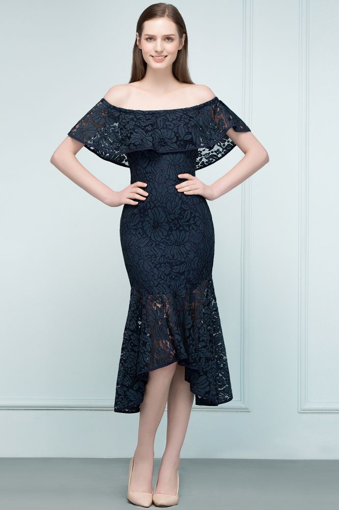 MISSHOW offers Tea Length Black Mermaid Off-shoulder Lace Prom Dresses at a cheap price from Dark Navy, Lace to Mermaid Mini hem. Stunning yet affordable Cap Sleeves Prom Dresses,Homecoming Dresses.