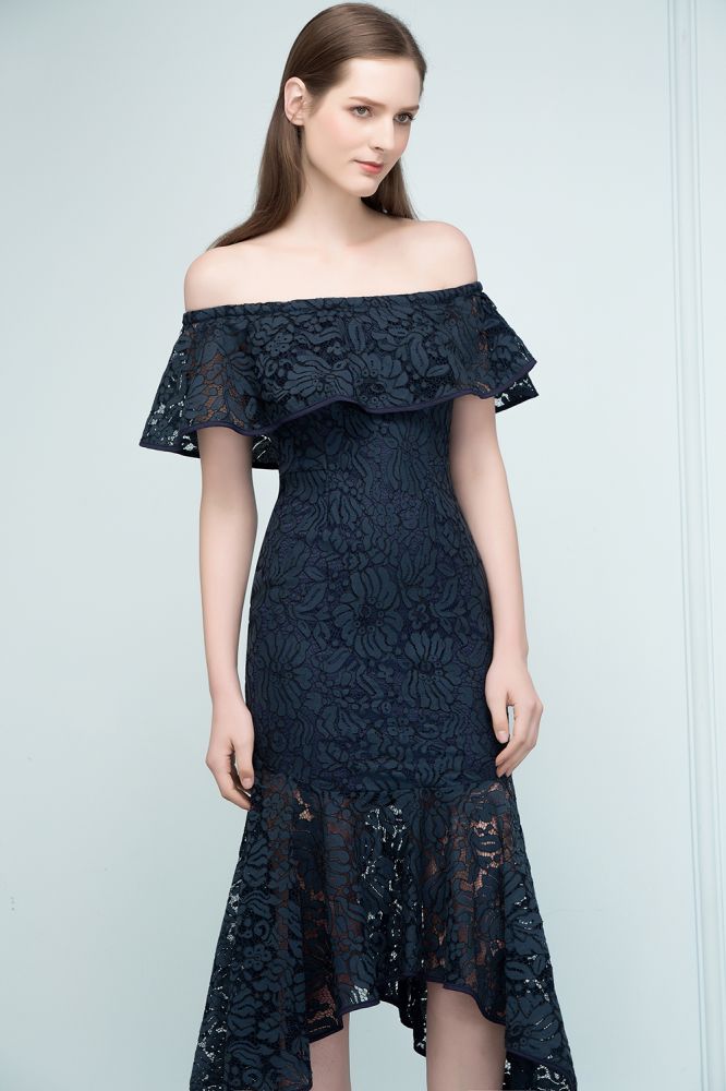 MISSHOW offers Tea Length Black Mermaid Off-shoulder Lace Prom Dresses at a cheap price from Dark Navy, Lace to Mermaid Mini hem. Stunning yet affordable Cap Sleeves Prom Dresses,Homecoming Dresses.