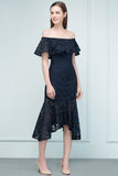 Tea Length Black Mermaid Off-shoulder Lace Prom Dresses