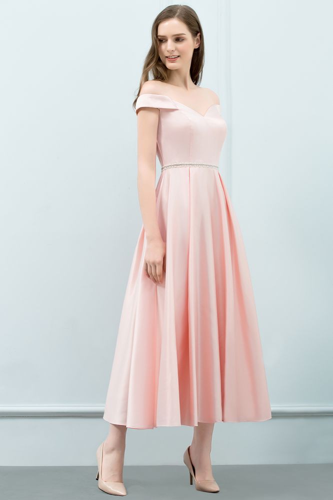 Looking for Prom Dresses in Stretch Satin, A-line style, and Gorgeous Ruffles work  MISSHOW has all covered on this elegant Tea Length Pink A-line Off-shoulder Prom Dresses with Sash.