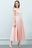 Looking for Prom Dresses in Stretch Satin, A-line style, and Gorgeous Ruffles work  MISSHOW has all covered on this elegant Tea Length Pink A-line Off-shoulder Prom Dresses with Sash.