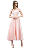 Looking for Prom Dresses in Stretch Satin, A-line style, and Gorgeous Ruffles work  MISSHOW has all covered on this elegant Tea Length Pink A-line Off-shoulder Prom Dresses with Sash.