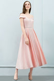 Tea Length Pink A-line Off-shoulder Prom Dresses with Sash