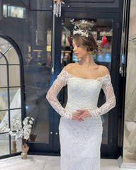 Trendy Floor Length Long Sleeves Mermaid Lace Wedding Dress-misshow.com