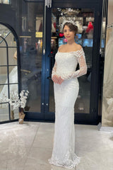 Trendy Floor Length Long Sleeves Mermaid Lace Wedding Dress-misshow.com