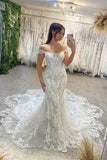 Trendy Floor Length Off-The-Shoulder Sleeveless Mermaid Lace Wedding Dress with Cathedral Train