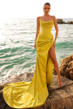 Trendy Floor Length Sleeveless Mermaid Spaghetti Straps Satin Prom Dress with Split