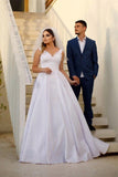 Trendy Floor Length Sweetheart Traps Sleeveless A-Line Satin Wedding Dress with Beads-misshow.com