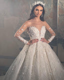 Trendy Floor Length V-Neck Long Sleeves A-Line Lace Wedding Dress with Appliques-misshow.com